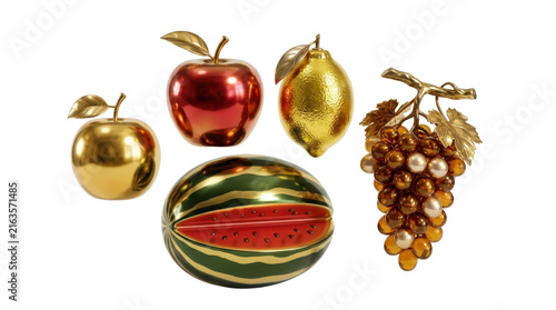 Decorative metal fruit ornaments featuring polished gold apple lemon watermelon grape arrangement set against white studio backdrop