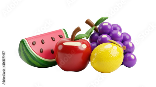 Wooden play food set featuring watermelon slice red apple lemon and purple grapes arranged isolated on white background surface