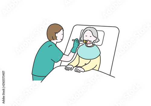 寝たきりの高齢者に口腔ケアを行う医療スタッフのイラスト