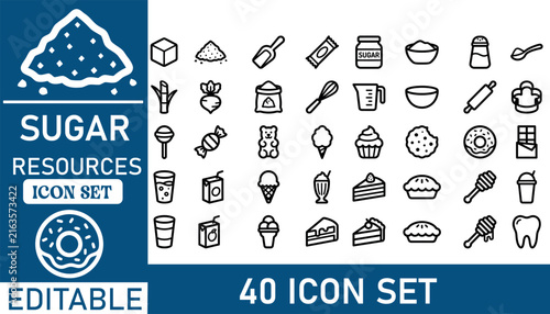 Collection of sugar and bakery ingredients outline vector icons set
