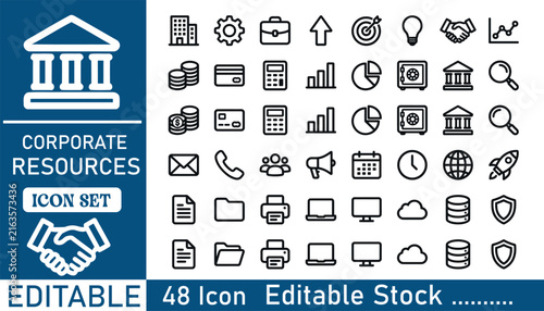 Corporate business resources and finance outline vector icon set with line art