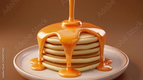 Thick sweet golden syrup pouring over stack of fluffy breakfast pancakes in smooth digital motion footage