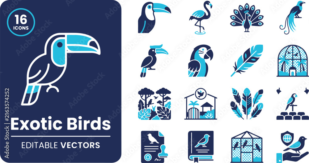 Naklejka premium Set of Vector Icons Featuring Tropical Exotic Birds and Avian Wildlife Elements in a Modern Duotone Style.