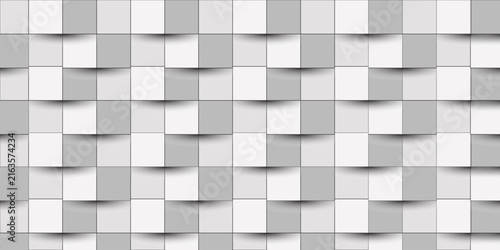 Modern abstract 3D white and grey geometric square tile pattern with soft shadows on light background vector illustration, copy space area for text banner design.