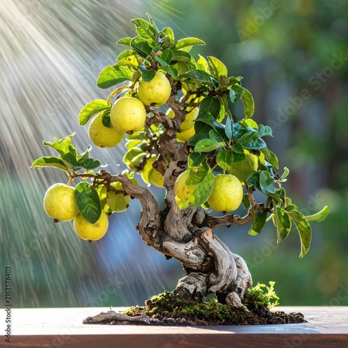 Bonsai tree with lemons being watered.