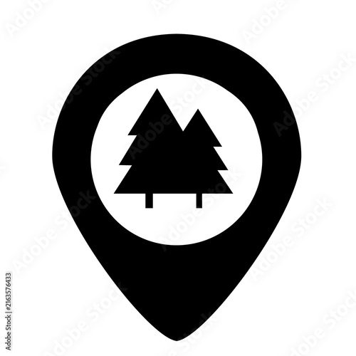 Foto camping location pin with cedar tree icon isolated on white, forest logo concept