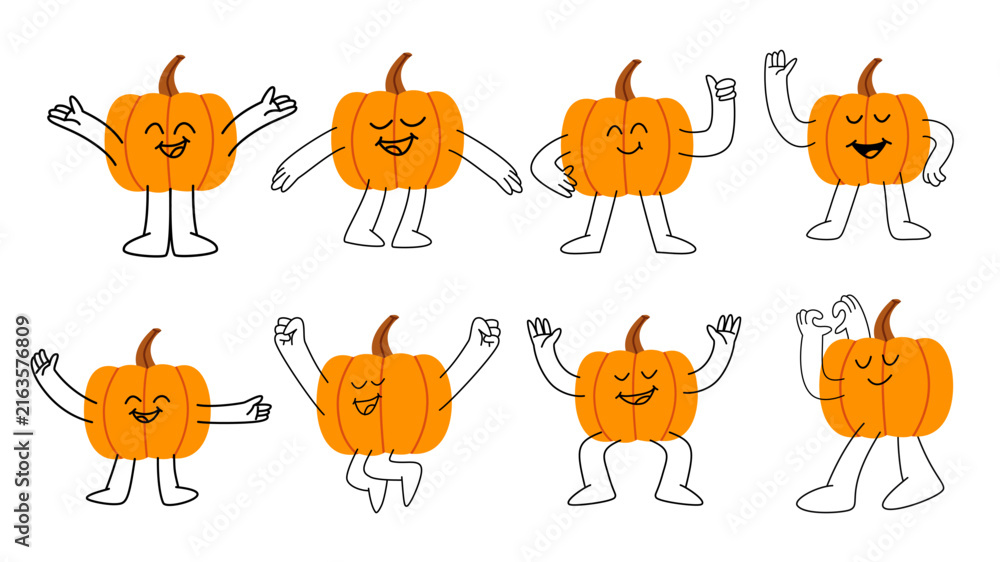 Fototapeta premium Vector illustration clip art set of cute cartoon pumpkin mascot characters with arms and legs isolated on white background. for Halloween, autumn party decor, stickers, and graphic design.