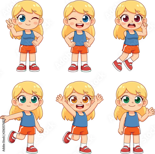 Cute Cartoon Blonde Girl Character Poses Set with Different Emotions and Expressions in Sportswear Vector Illustration