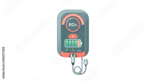 Electric Vehicle Wallbox Charger Station with Battery Display Screen, Cable Plug, and Charging Status Vector Illustration Isolated on White Background