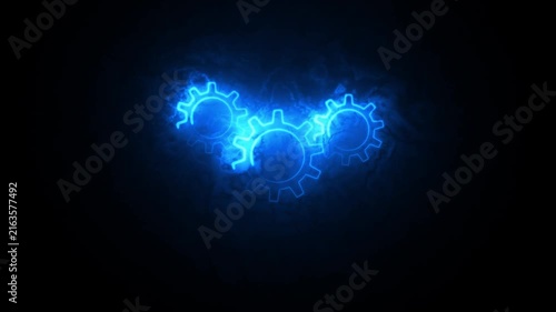 Abstract glowing blue neon gears rotating on dark smoke background, technology and machinery concept