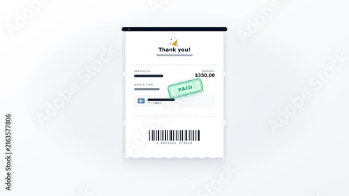 Digital thermal invoice receipt printing downwards with serrated edge and green paid stamp