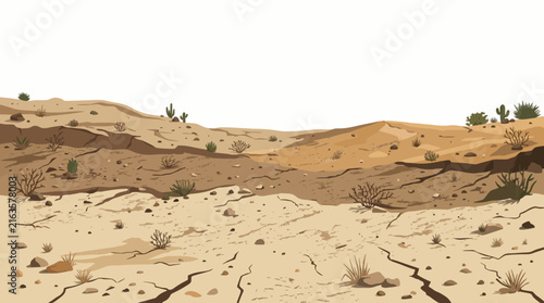 Canvas Print Dry Desert Landscape Vector Background with Cracked Soil and Cactus Isolated on