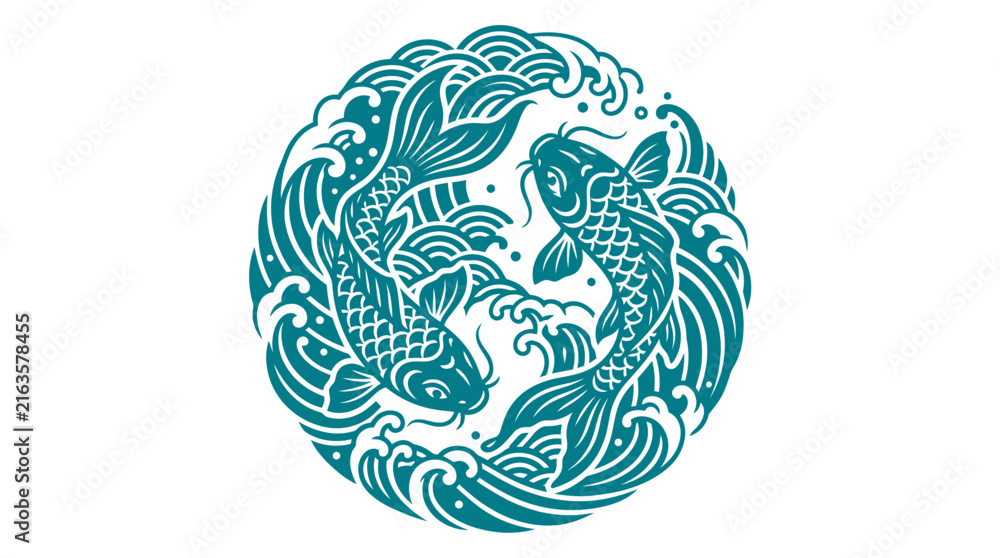 Obraz premium Teal koi fish create a circular emblem surrounded by stylized ocean waves in an oriental vector design.