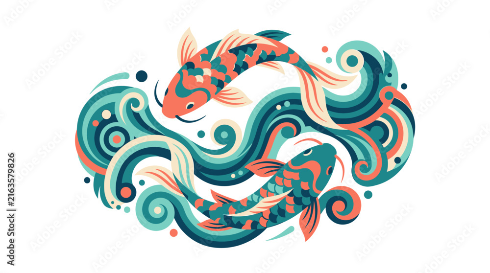 Fototapeta premium Koi fish illustration in traditional Japanese style shows two colorful carp swimming gracefully among swirling ocean waves.