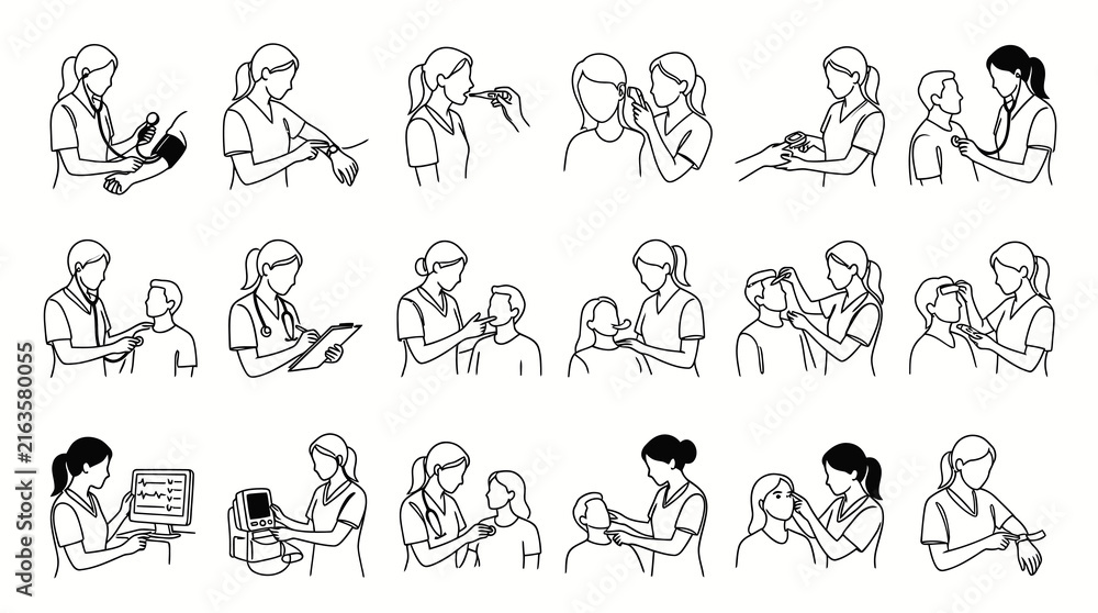 Fototapeta premium Medical Line Art Icons: Healthcare Professionals Performing Exams and Procedures
