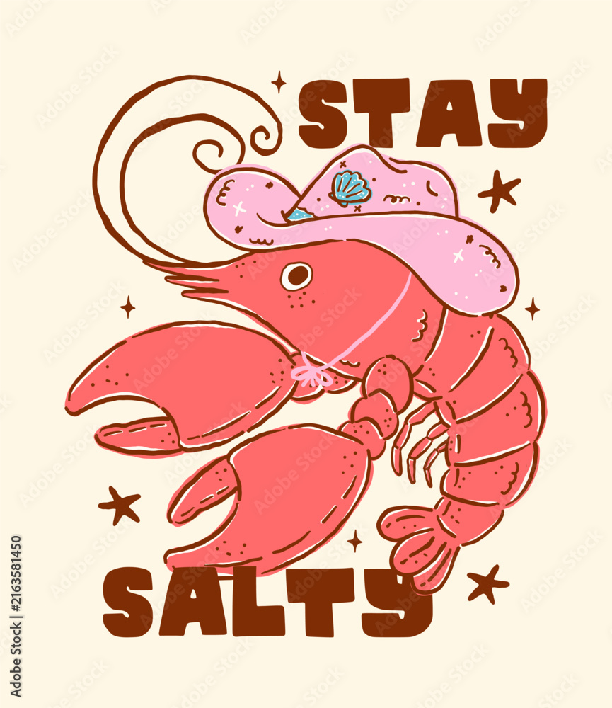 Naklejka premium Girly Summer Cowboy Lobster with Cowgirl Hat Sea Animals Groovy Retro Hand Drawn T Shirt Wall Art Printable Design