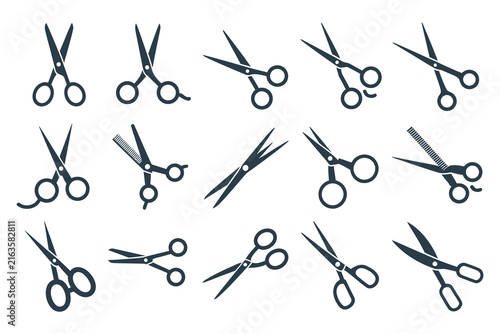 Set of various scissors icons Collection of professional cutting tools and craft equipment