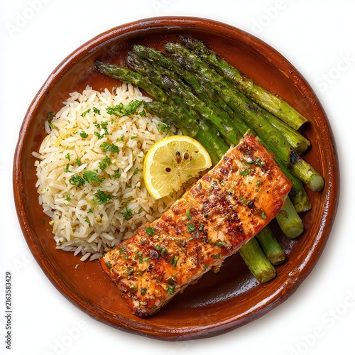 Hot food menu with baked salmon rice pilaf and grilled isolated on a white background