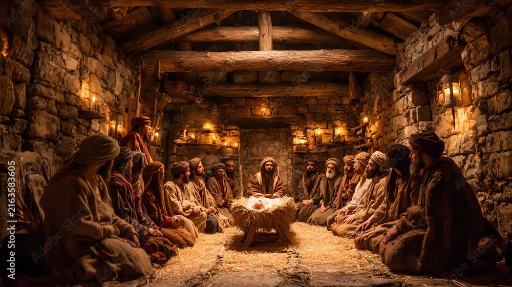 Obraz premium Group of people gathered around a baby in a manger inside a rustic stone stable