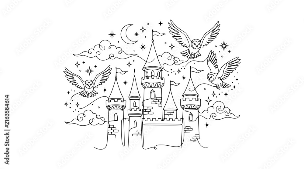 Obraz premium Magical Castle and Owls Line Art with Stars and Moon, Transparent Background