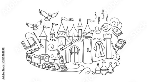 Foto Magical Fantasy Castle with Train, Owls, Books, and Wizard Elements