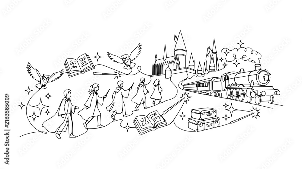 Fototapeta premium Magical School Journey: Students, Owls, Castle, Train, Books, Wands, Stars
