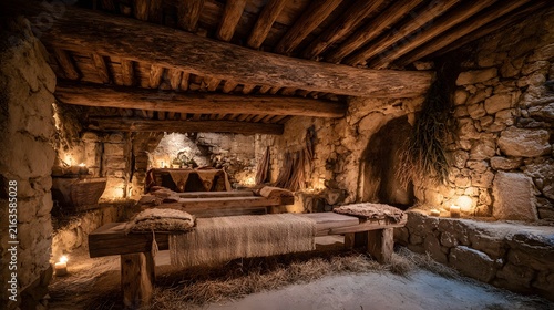 Interior of an ancient rustic stone dwelling with wooden benches and straw, illuminated by warm candlelight