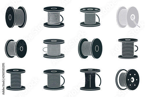 Set of wire spools and cable reels Industrial electrical coil icons for construction