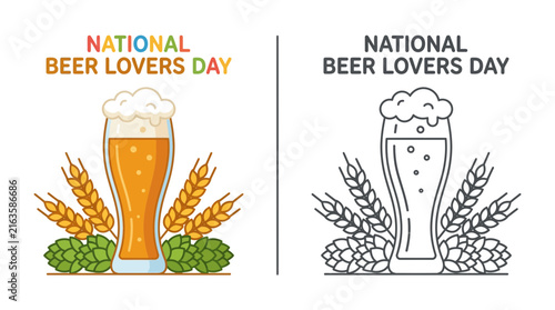 Obraz na płótnie National Beer Lovers Day illustration - beer glass, hops, barley, isolated