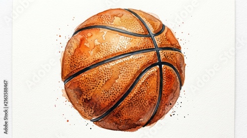 Watercolor style basketball with textured paint splatter on white background