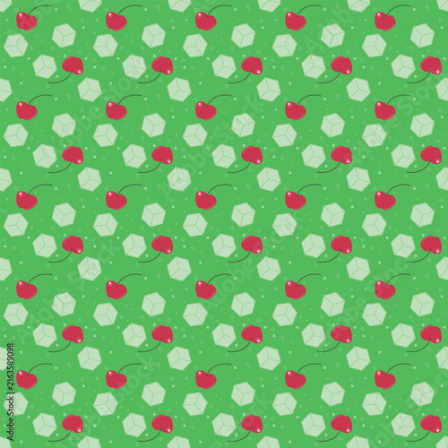 Melon Cream Soda Seamless Pattern Background with Cherries and Ice Cubes