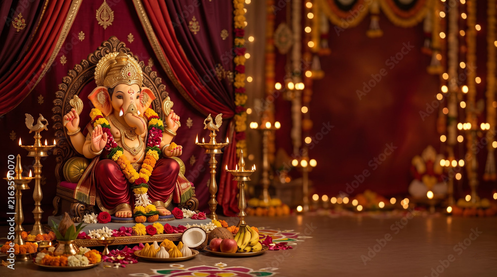 Fototapeta premium Ganesh chaturthi festival celebration with lord ganesha idol and lamps