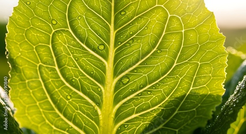 Fresh Green Leaf with Veins and Water Droplets in Sunlit Field