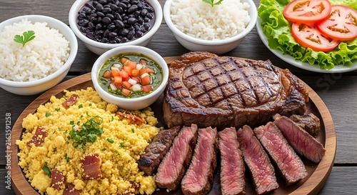 Juicy Grilled Steak Slices with Side Dishes on Wooden Platter
