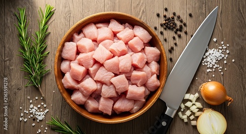 Fresh Diced Pork in Wooden Bowl with Knife and Herbs