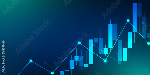 Photography Abstract financial stock market on blue and green gradient background with graph and candlestick