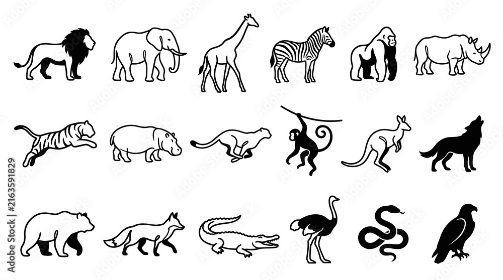 Naklejka premium Black and White Line Art Safari Animals Icons Set Vector Illustration