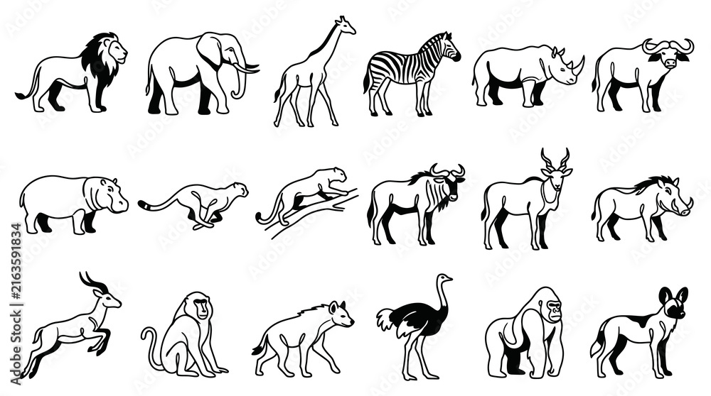 Naklejka premium African Safari Animals Line Art - Black and White Vector Illustration