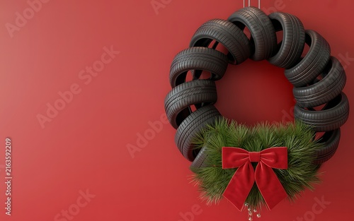 Creative Christmas wreath made from black tires decorated with green pine leaves red bow and berries on red background