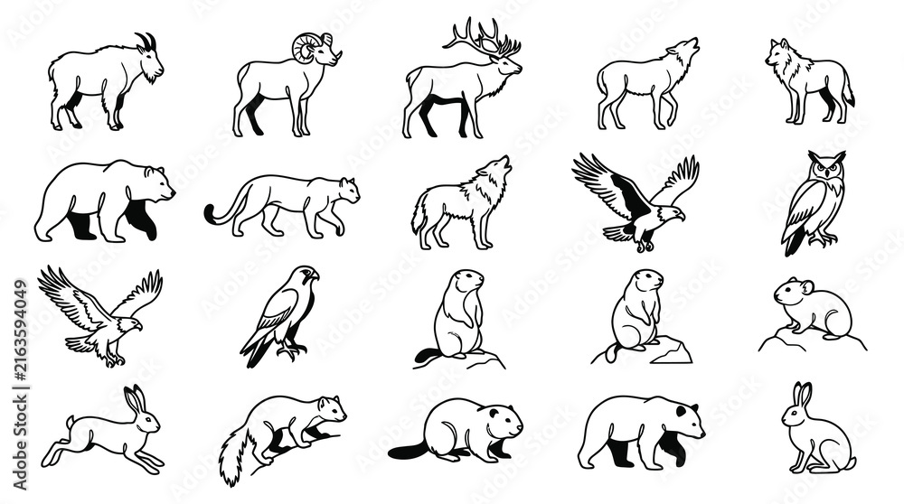Obraz premium Black and White Line Art Wildlife Animals Icon Set Vector Illustration