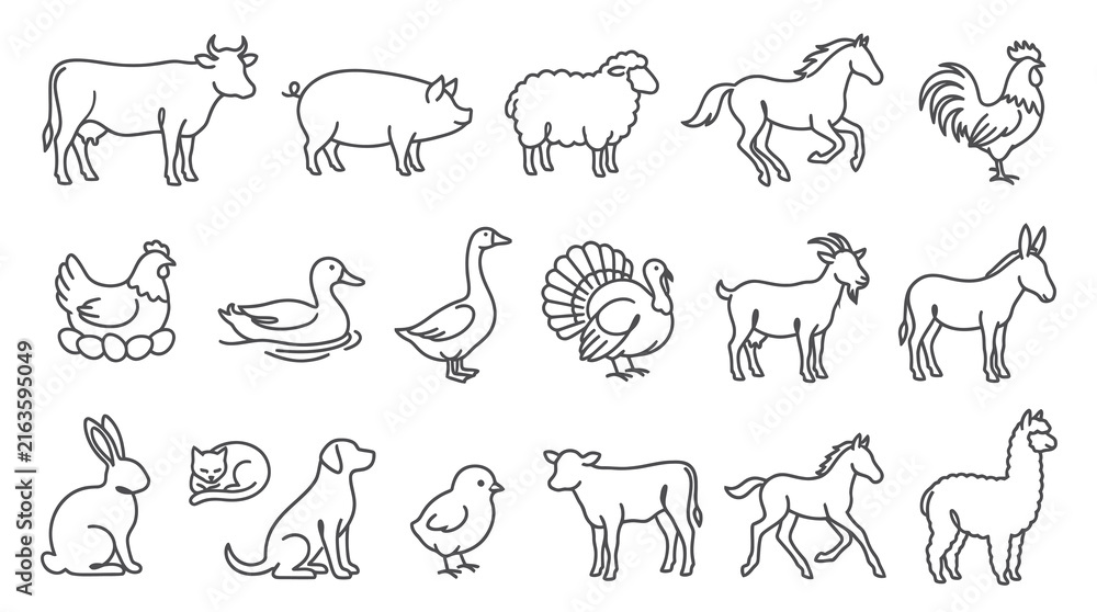 Naklejka premium Farm Animals Line Art Icons Set - Black and White Vector Illustrations