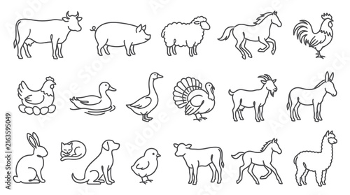 Farm Animals Line Art Icons Set - Black and White Vector Illustrations