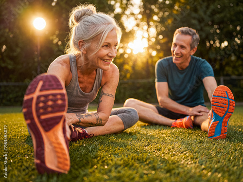 Принти на полотні Active senior couple stretching on green grass in a sunny park after an enjoyable outdoor workout session