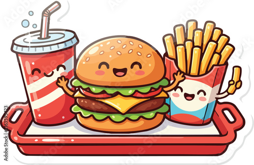 Colorful fast food combo meal sticker with burger, fries, and soda in flat cartoon style