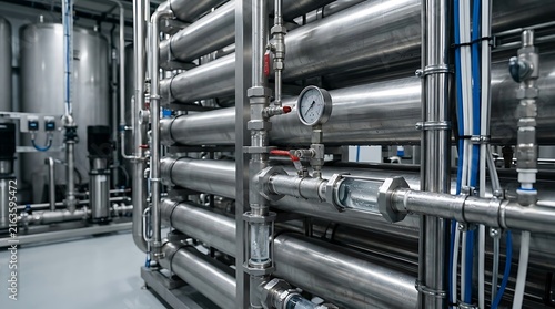Detailed close up of an industrial filtration system displaying horizontal stainless steel pressure vessels, pressure gauges, small blue fluid lines, and metal mounting racks.