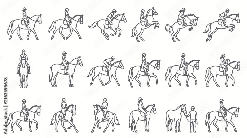 Obraz premium Equestrian Horse Riding Line Art Icons. Black and White Outline Glyphs of Riders and Horses in Various Poses and Activities