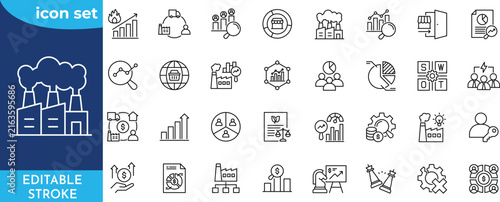 Industry analysis icon set. editable stroke. Contain icons related to industry, strategy, competitor, trends, swot, market share, cand more.