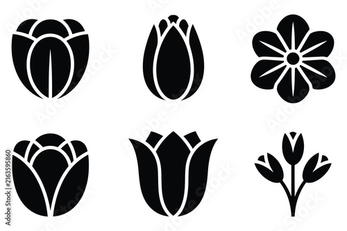 Tulip and Flower Vector Silhouette Icons Set Isolated on White Background
