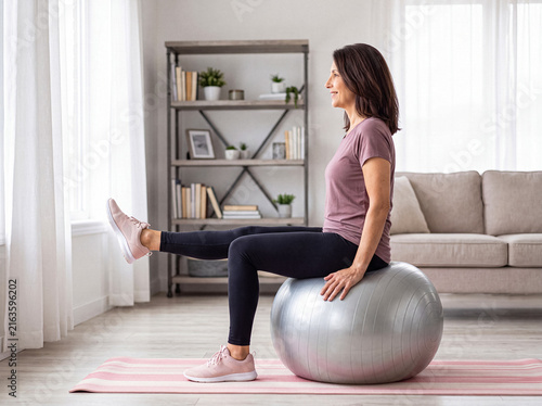 Middle-aged woman working out at home, sitting on an exercise ball and lifting her legs for core strength. Photograph.