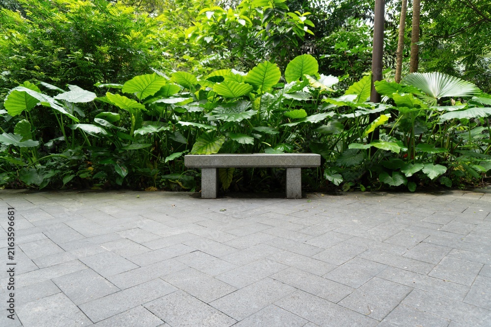 Naklejka premium Empty stone bench surrounded by lush green foliage